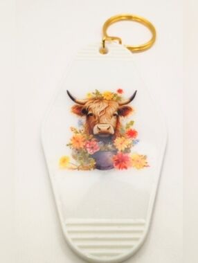 Highland Cow Floral Motel Keychain Handmade Resin DTF Cute Boho Gift